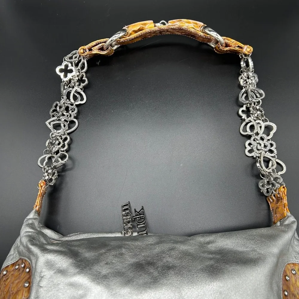 Charm And Luck Silver Leather Handbag Reptile Accent Rhinestone Hobo Rare Unique